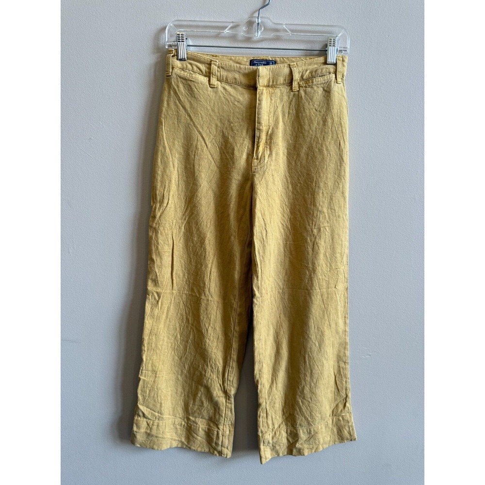 Abercrombie & Fitch Anne High Rise Wide Leg Crop Yellow Linen Pants Womens sz 26